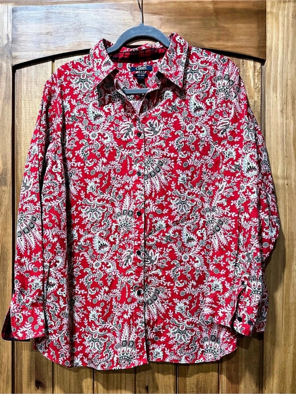 Chaps Women’s No-Iron Red Paisley Button-Down Long Sleeve Shirt - Plus Size 2X